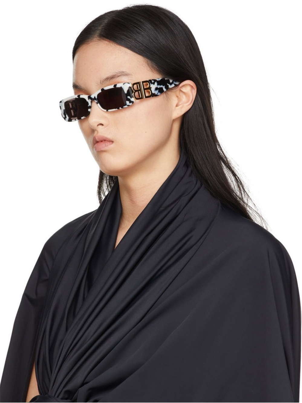 Balenciaga Black & White Tortoiseshell Logo Rectangular Sunglasses